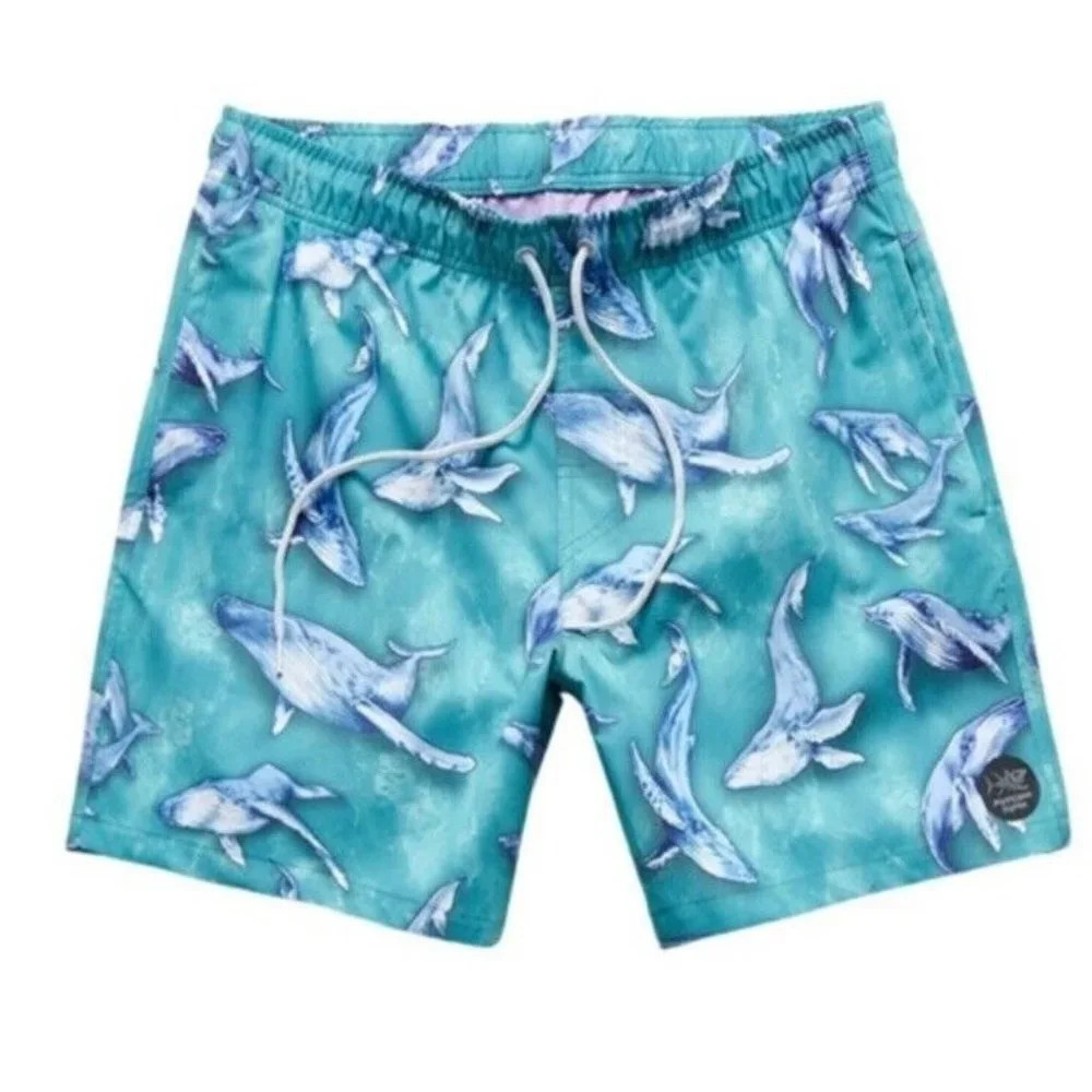 Psycho Tuna‎ Aqua Blue Whales Print Board Shorts Swim Trunks Size XLG NWT